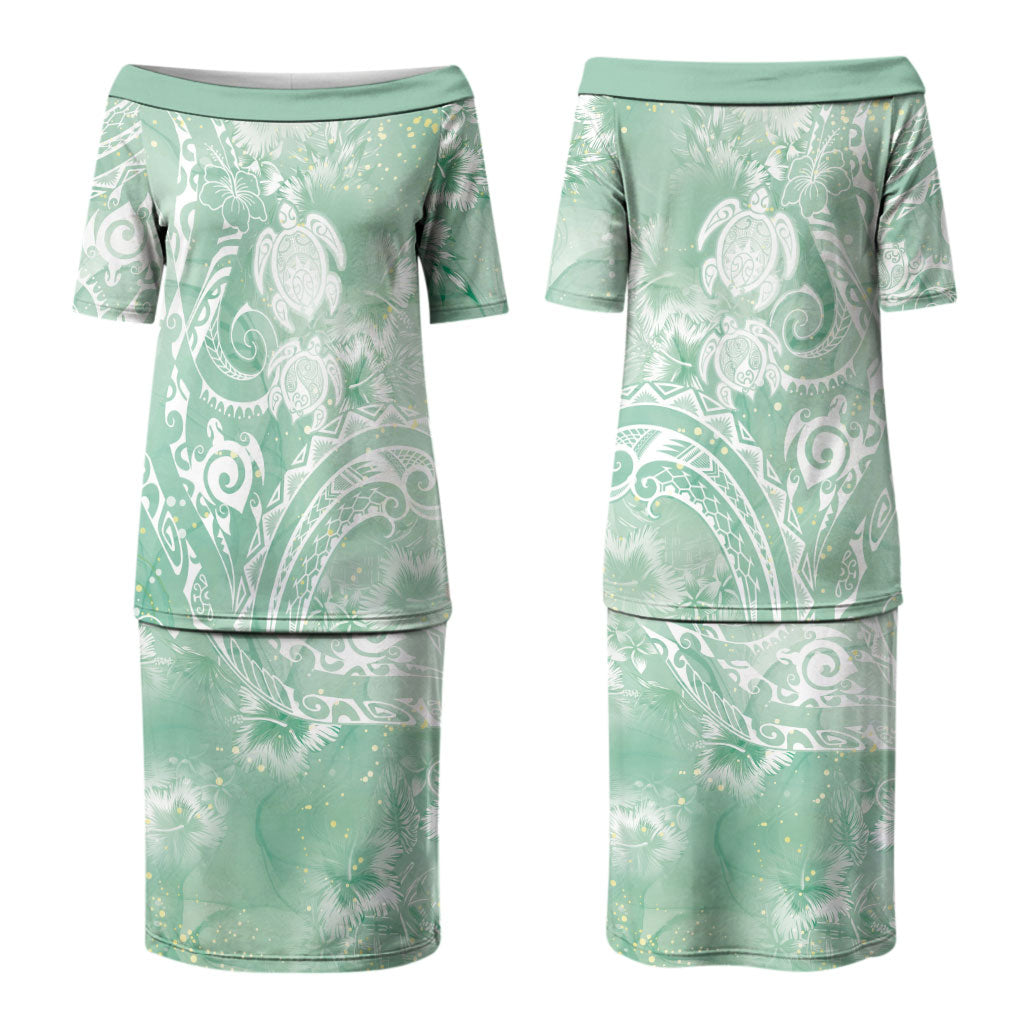 Aloha Hawaii Turtles Floral Couples Matching Puletasi and Hawaiian Shirt Seafoam Marbles Glaze LT7 - Polynesian Pride
