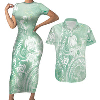 Aloha Hawaii Turtles Floral Couples Matching Short Sleeve Bodycon Dress and Hawaiian Shirt Seafoam Marbles Glaze