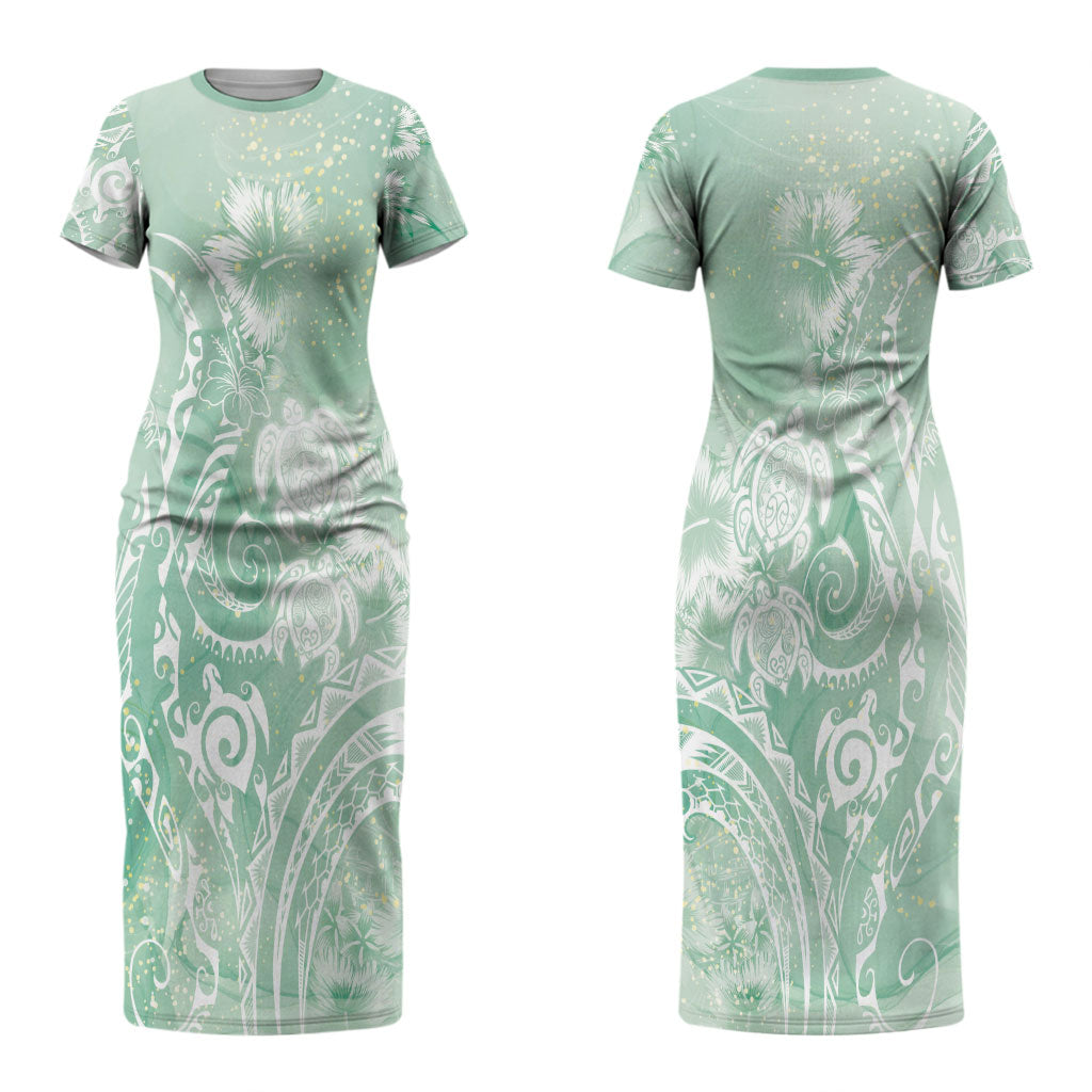 Aloha Hawaii Turtles Floral Couples Matching Short Sleeve Bodycon Dress and Hawaiian Shirt Seafoam Marbles Glaze LT7 - Polynesian Pride