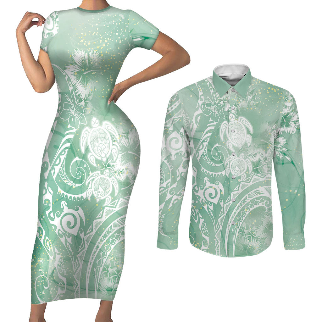 Aloha Hawaii Turtles Floral Couples Matching Short Sleeve Bodycon Dress and Long Sleeve Button Shirt Seafoam Marbles Glaze