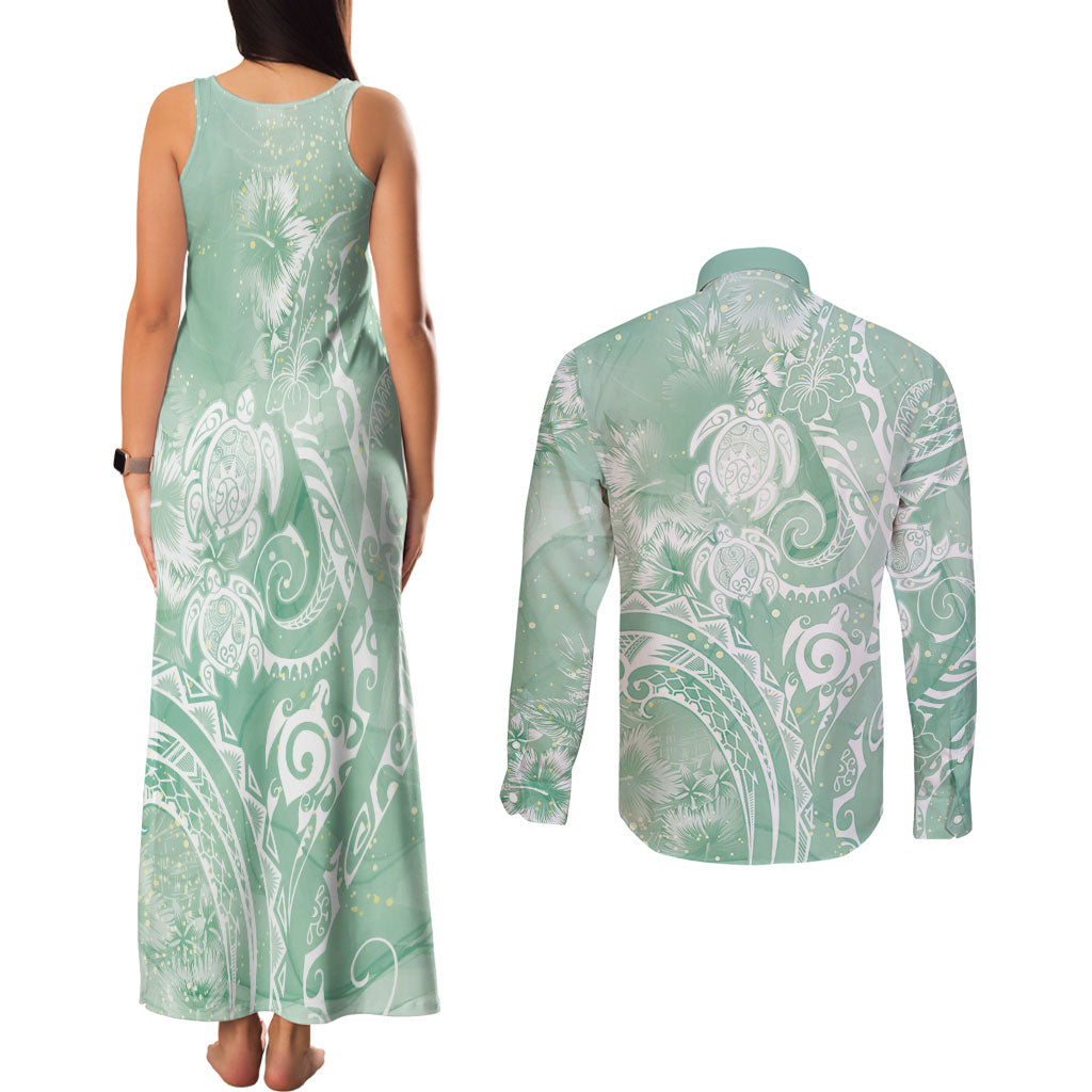Aloha Hawaii Turtles Floral Couples Matching Tank Maxi Dress and Long Sleeve Button Shirt Seafoam Marbles Glaze