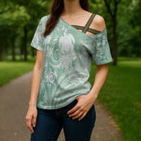 Aloha Hawaii Turtles Floral Cross Shoulder Shirt Seafoam Marbles Glaze