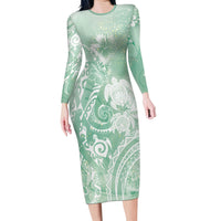 Aloha Hawaii Turtles Floral Family Matching Long Sleeve Bodycon Dress and Hawaiian Shirt Seafoam Marbles Glaze