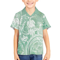Aloha Hawaii Turtles Floral Family Matching Long Sleeve Bodycon Dress and Hawaiian Shirt Seafoam Marbles Glaze