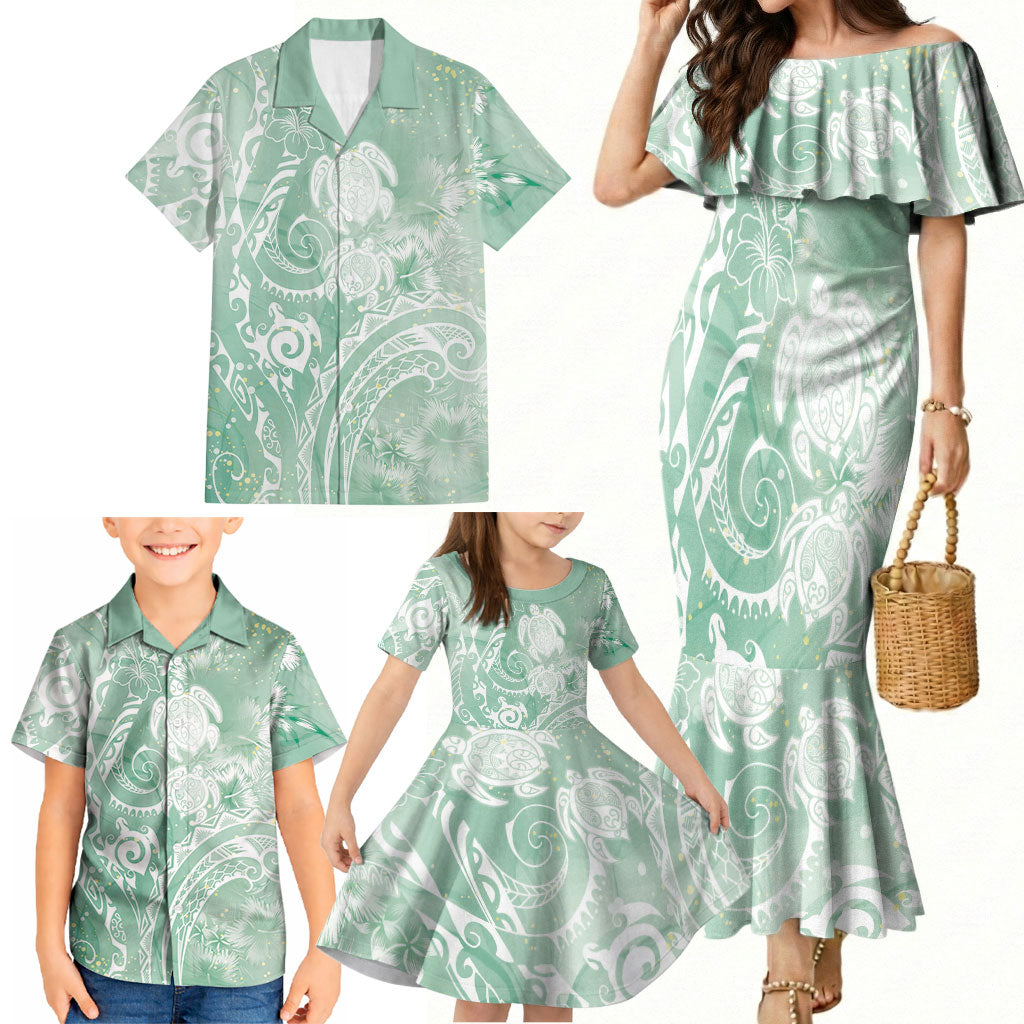 Aloha Hawaii Turtles Floral Family Matching Mermaid Dress and Hawaiian Shirt Seafoam Marbles Glaze LT7 - Polynesian Pride