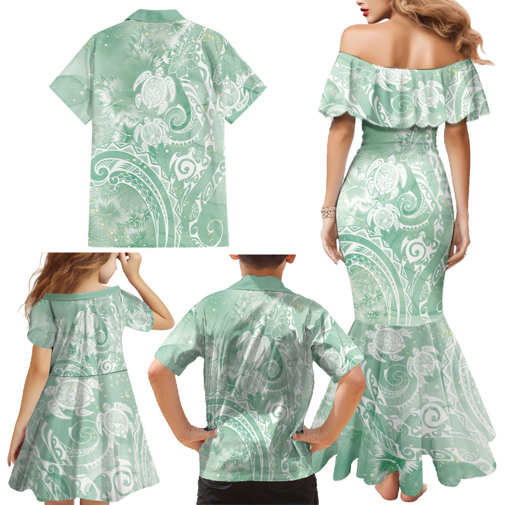 Aloha Hawaii Turtles Floral Family Matching Mermaid Dress and Hawaiian Shirt Seafoam Marbles Glaze