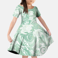 Aloha Hawaii Turtles Floral Family Matching Off The Shoulder Long Sleeve Dress and Hawaiian Shirt Seafoam Marbles Glaze