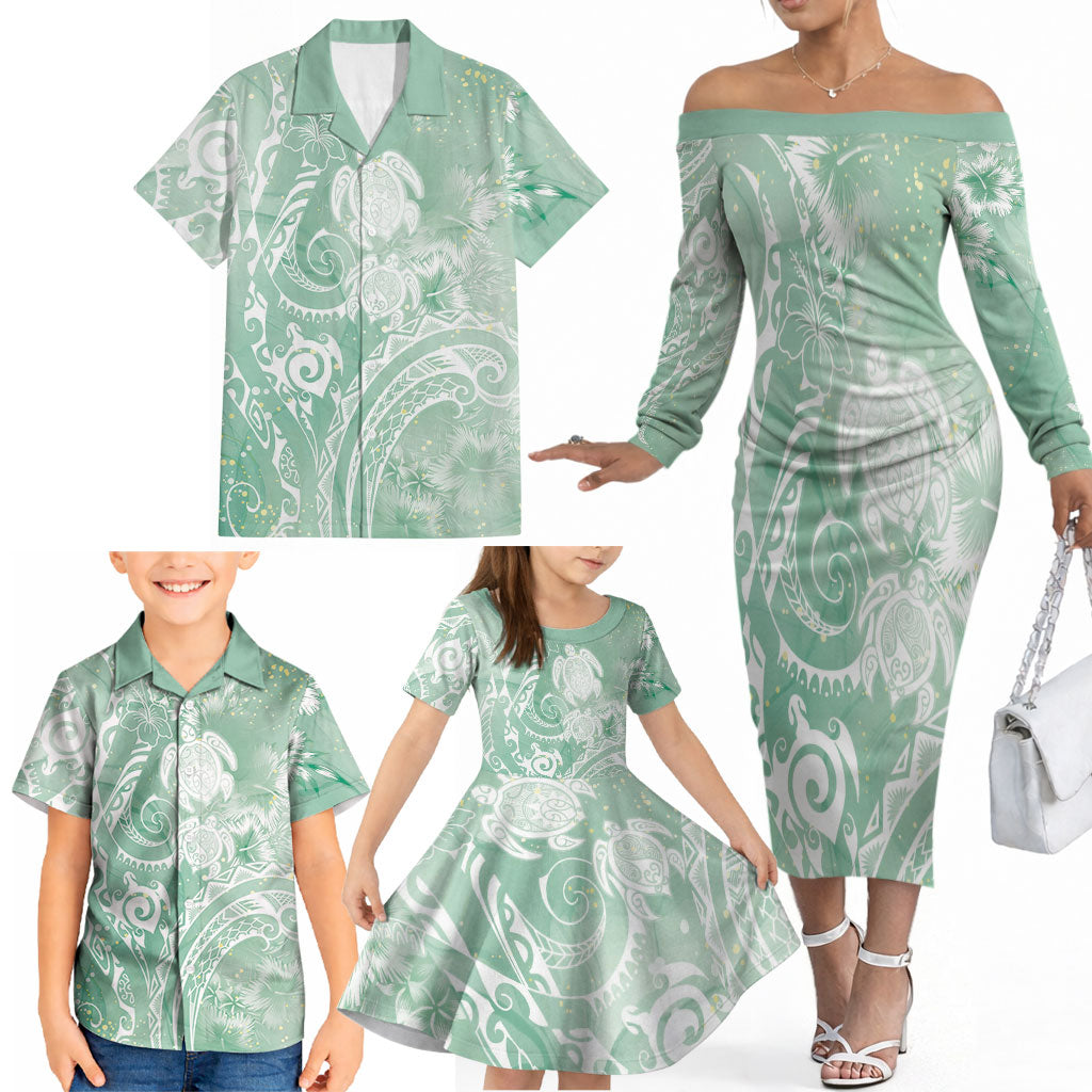 Aloha Hawaii Turtles Floral Family Matching Off The Shoulder Long Sleeve Dress and Hawaiian Shirt Seafoam Marbles Glaze LT7 - Polynesian Pride