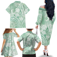 Aloha Hawaii Turtles Floral Family Matching Off The Shoulder Long Sleeve Dress and Hawaiian Shirt Seafoam Marbles Glaze