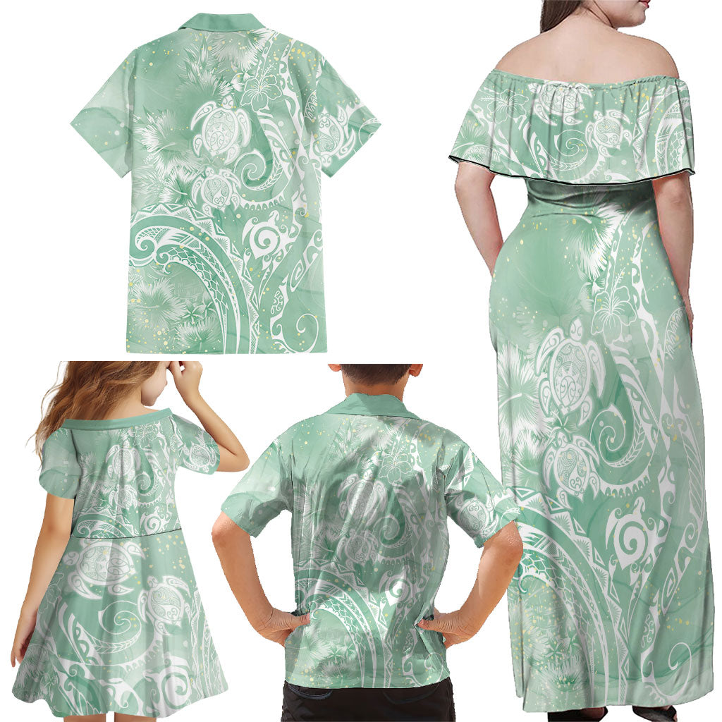 Aloha Hawaii Turtles Floral Family Matching Off Shoulder Maxi Dress and Hawaiian Shirt Seafoam Marbles Glaze