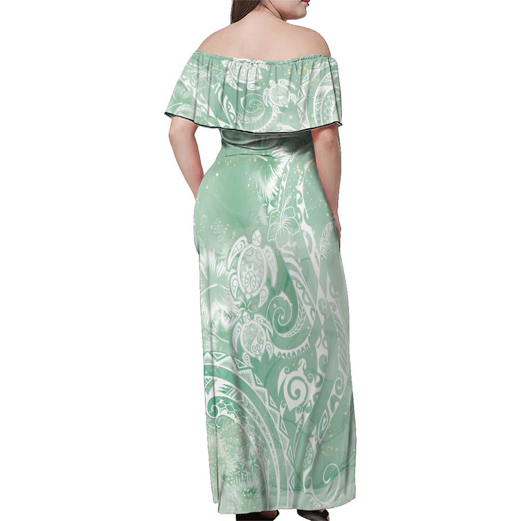Aloha Hawaii Turtles Floral Family Matching Off Shoulder Maxi Dress and Hawaiian Shirt Seafoam Marbles Glaze