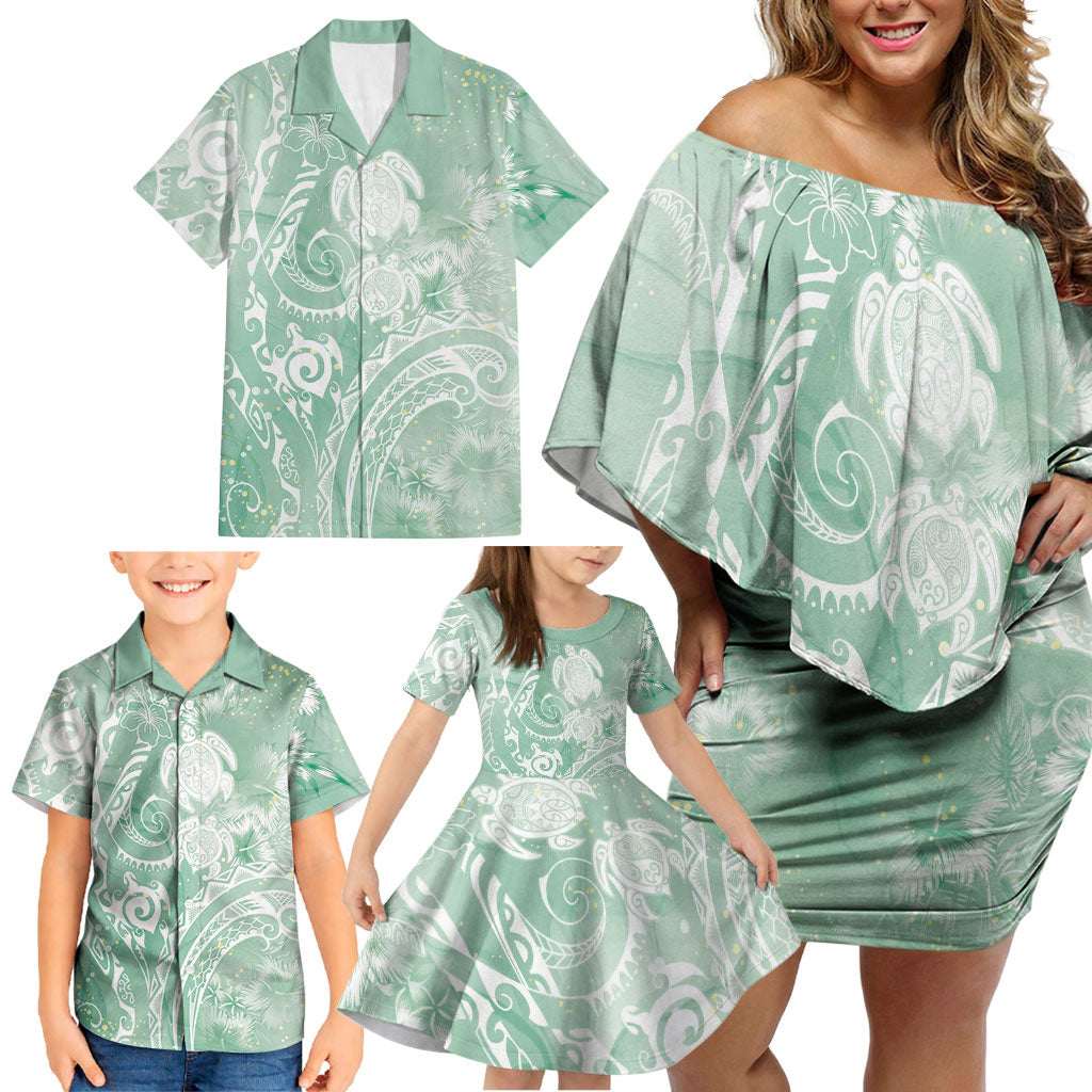 Aloha Hawaii Turtles Floral Family Matching Off Shoulder Short Dress and Hawaiian Shirt Seafoam Marbles Glaze LT7 - Polynesian Pride