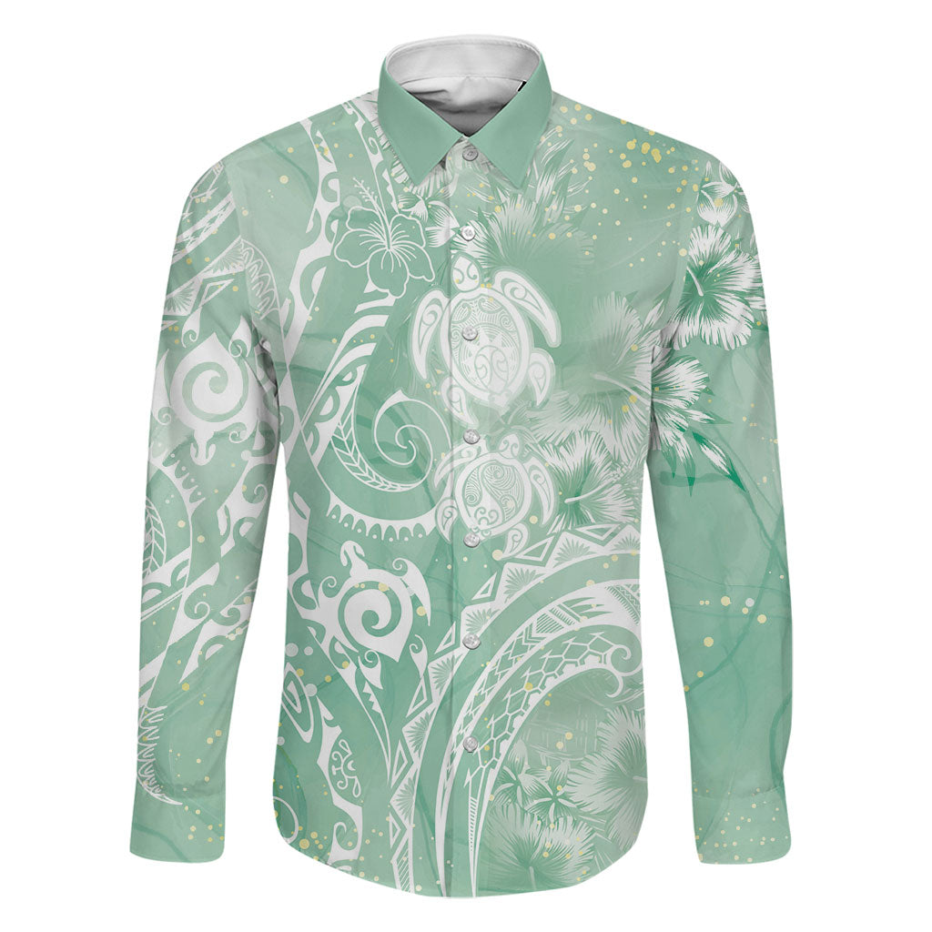 Aloha Hawaii Turtles Floral Family Matching Off Shoulder Short Dress and Hawaiian Shirt Seafoam Marbles Glaze