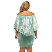 Aloha Hawaii Turtles Floral Family Matching Off Shoulder Short Dress and Hawaiian Shirt Seafoam Marbles Glaze