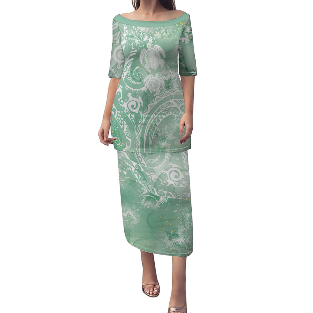Aloha Hawaii Turtles Floral Family Matching Puletasi and Hawaiian Shirt Seafoam Marbles Glaze