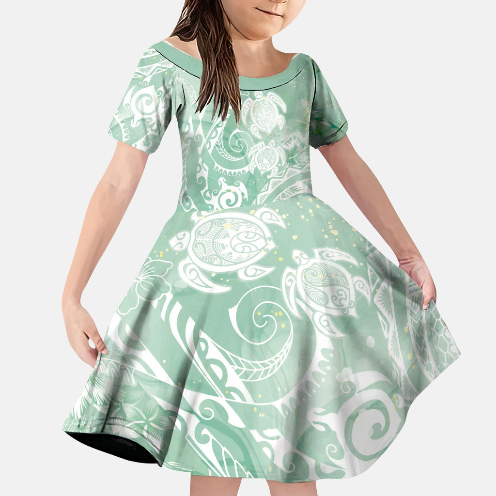 Aloha Hawaii Turtles Floral Family Matching Short Sleeve Bodycon Dress and Hawaiian Shirt Seafoam Marbles Glaze