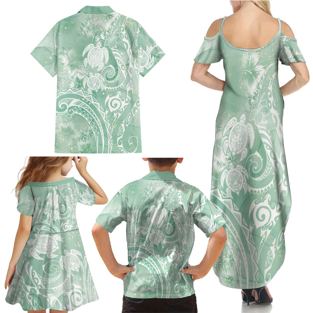 Aloha Hawaii Turtles Floral Family Matching Summer Maxi Dress and Hawaiian Shirt Seafoam Marbles Glaze