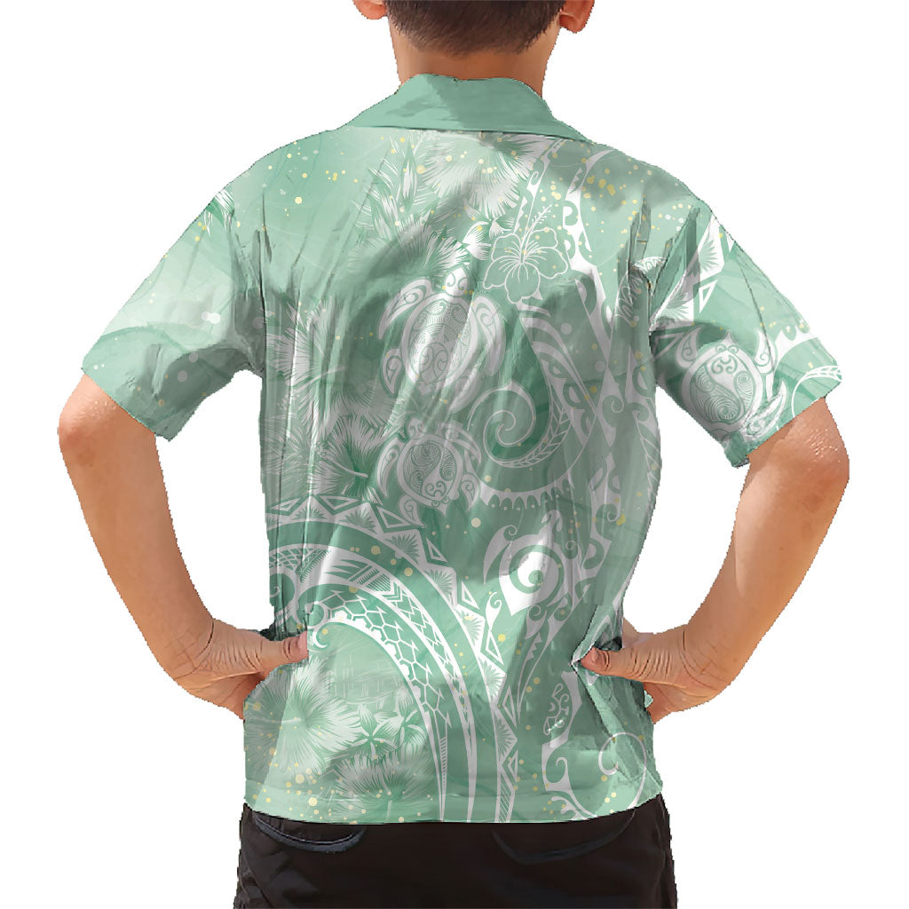 Aloha Hawaii Turtles Floral Family Matching Tank Maxi Dress and Hawaiian Shirt Seafoam Marbles Glaze