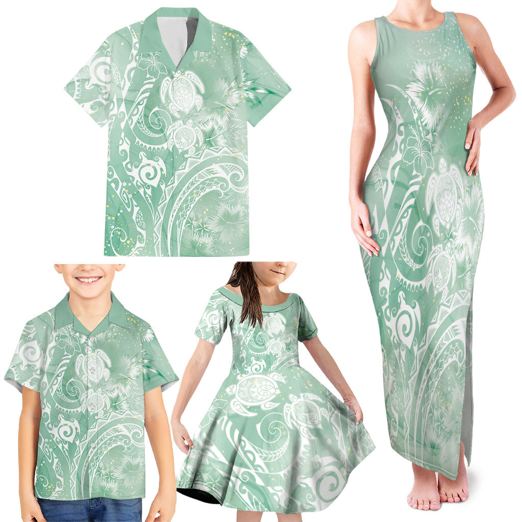 Aloha Hawaii Turtles Floral Family Matching Tank Maxi Dress and Hawaiian Shirt Seafoam Marbles Glaze
