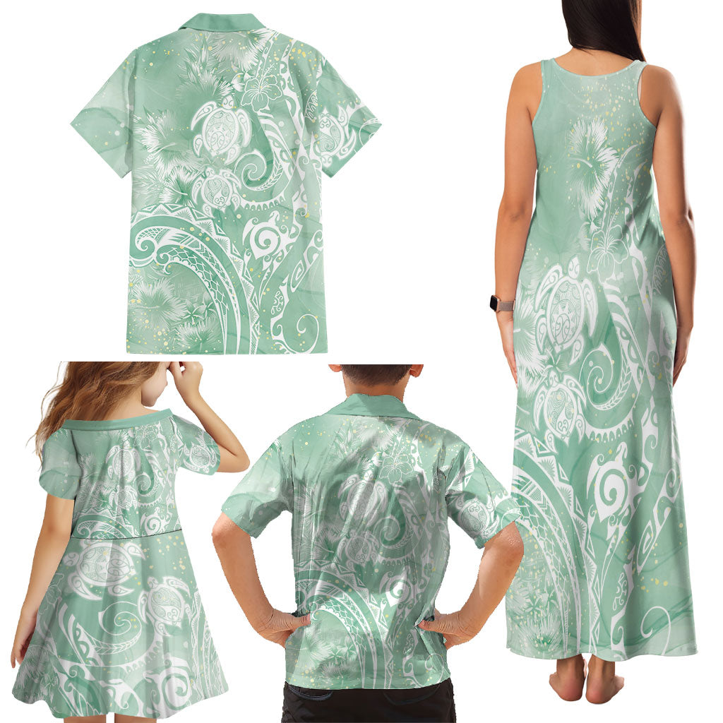 Aloha Hawaii Turtles Floral Family Matching Tank Maxi Dress and Hawaiian Shirt Seafoam Marbles Glaze
