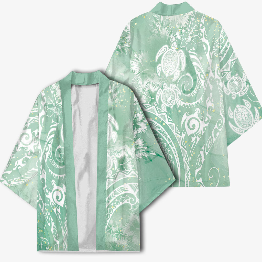 Aloha Hawaii Turtles Floral Kimono Seafoam Marbles Glaze