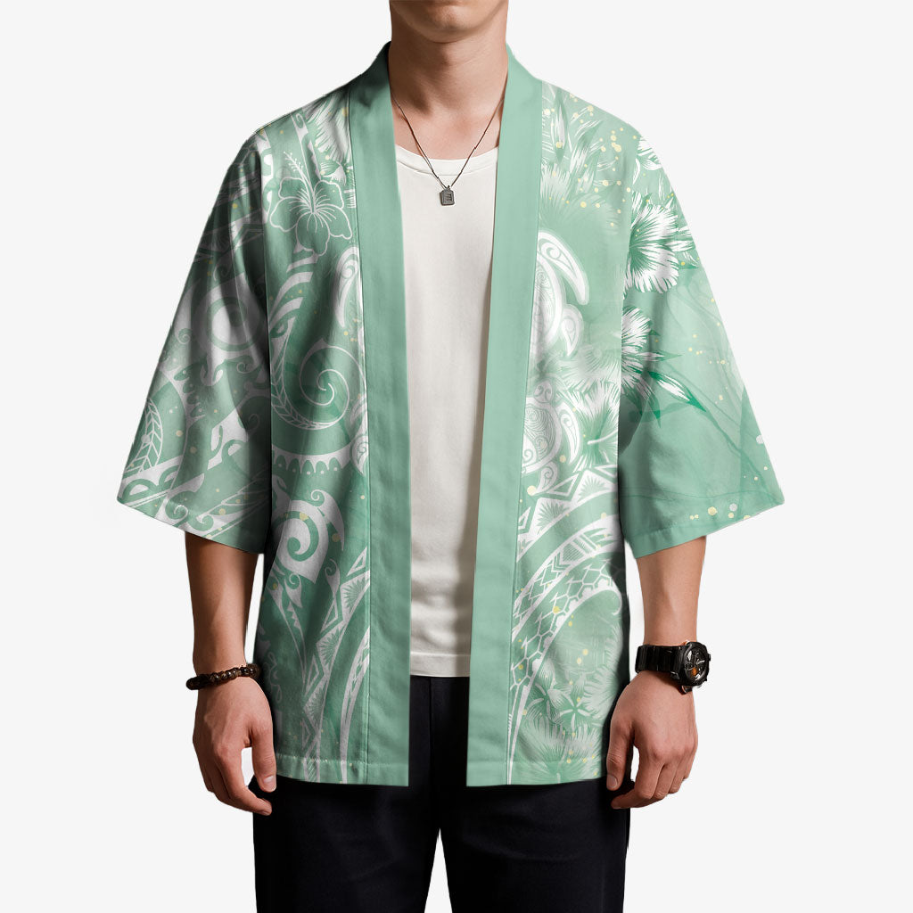 Aloha Hawaii Turtles Floral Kimono Seafoam Marbles Glaze