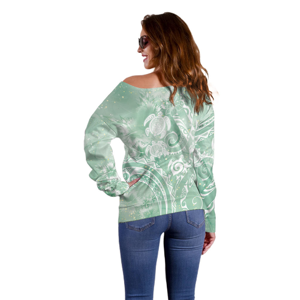 Aloha Hawaii Turtles Floral Off Shoulder Sweater Seafoam Marbles Glaze