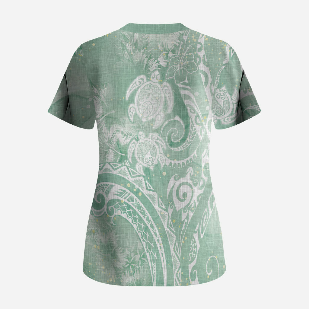 Aloha Hawaii Turtles Floral Scrub Top Seafoam Marbles Glaze