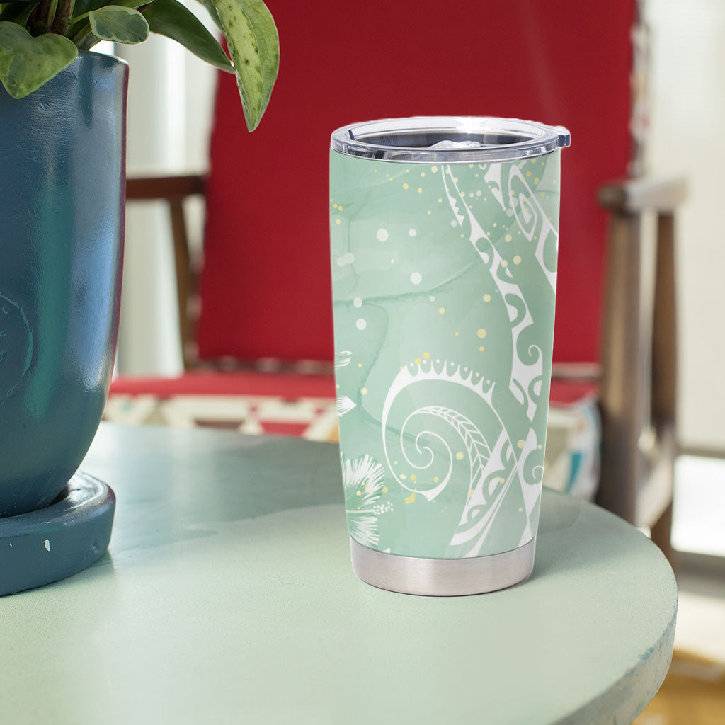 Aloha Hawaii Turtles Floral Tumbler Cup Seafoam Marbles Glaze