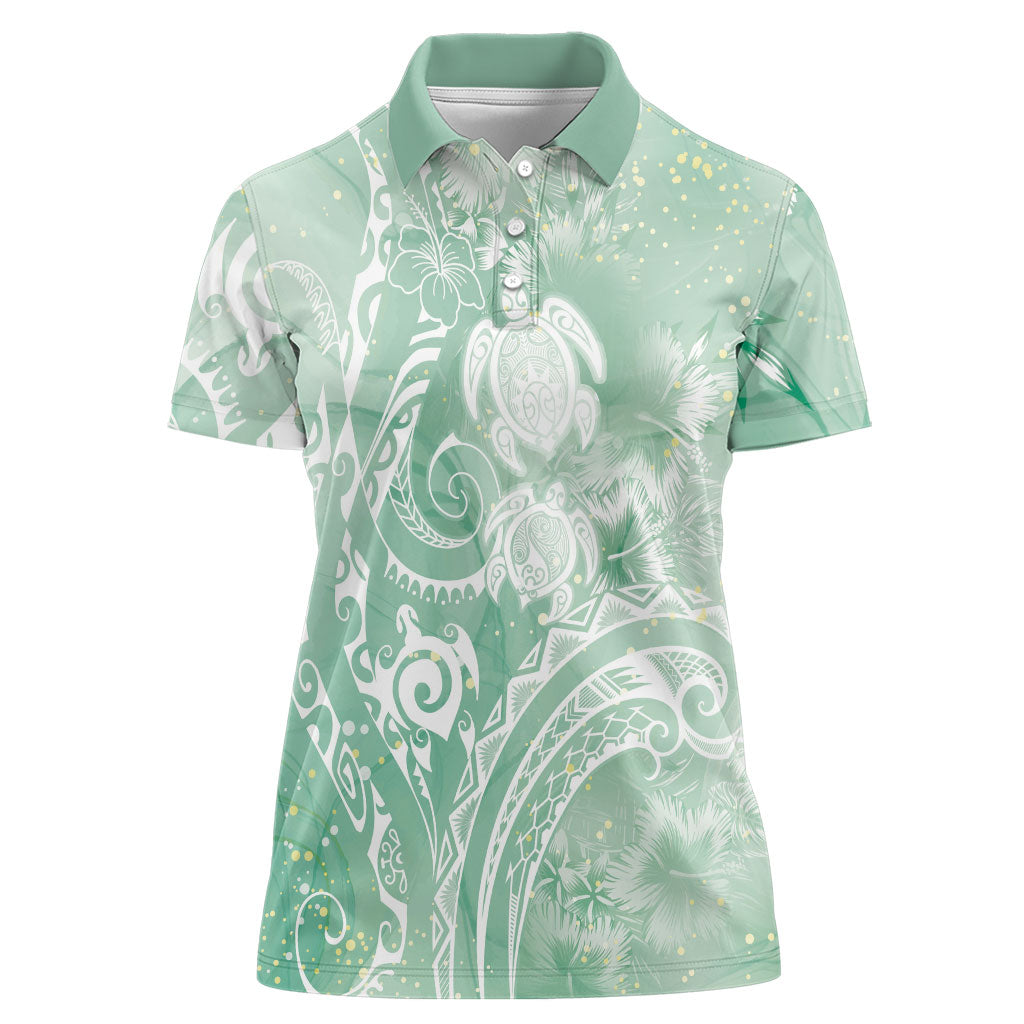 Aloha Hawaii Turtles Floral Women Polo Shirt Seafoam Marbles Glaze