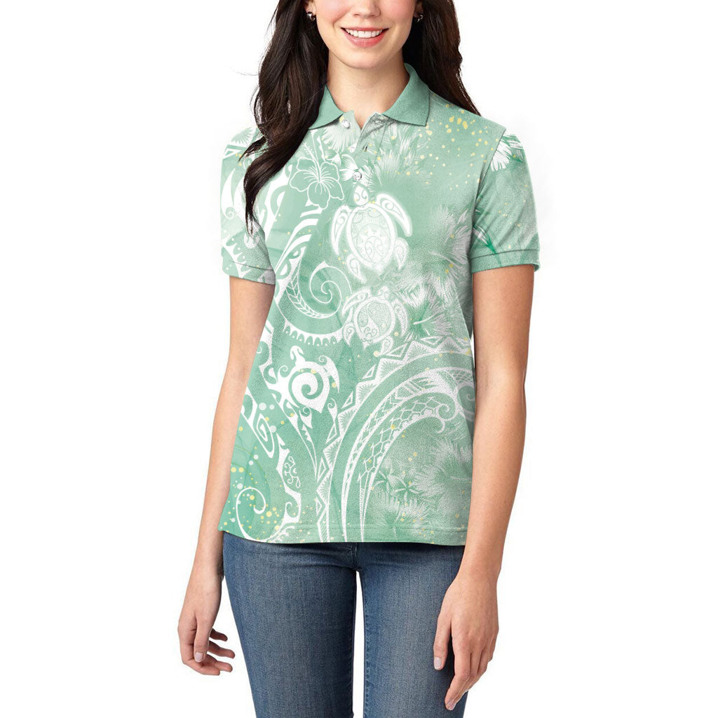 Aloha Hawaii Turtles Floral Women Polo Shirt Seafoam Marbles Glaze