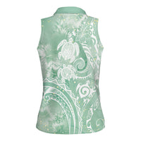 Aloha Hawaii Turtles Floral Women Sleeveless Polo Shirt Seafoam Marbles Glaze