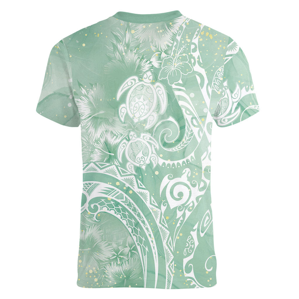 Aloha Hawaii Turtles Floral Women V-Neck T-Shirt Seafoam Marbles Glaze