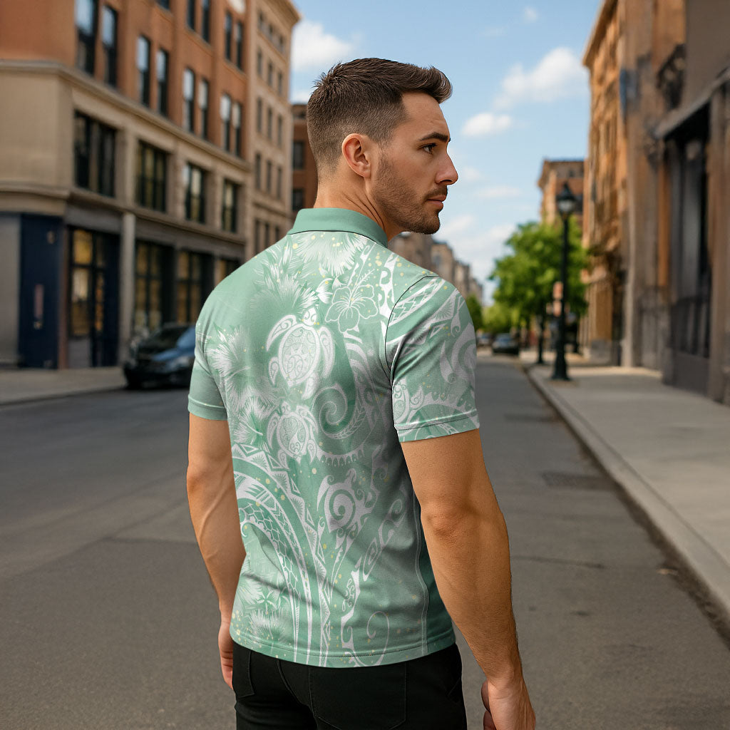 Aloha Hawaii Turtles Floral Zipper Polo Shirt Seafoam Marbles Glaze