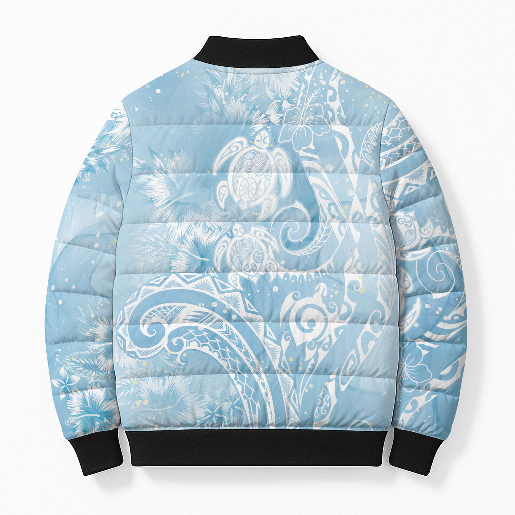 Aloha Hawaii Turtles Floral Bomber Puffer Jacket Aqua Marbles Glaze