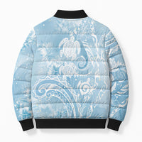 Aloha Hawaii Turtles Floral Bomber Puffer Jacket Aqua Marbles Glaze