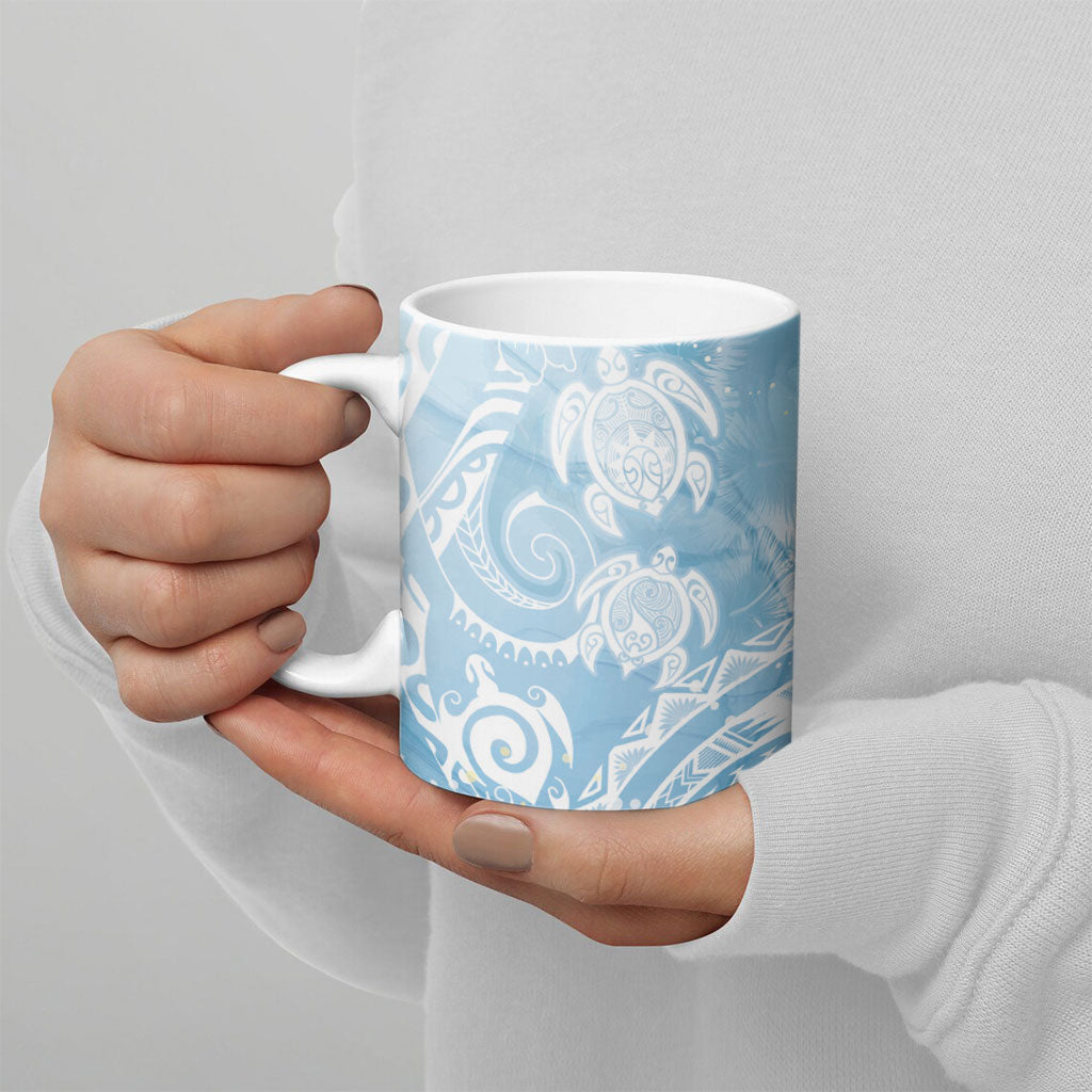 Aloha Hawaii Turtles Floral Ceramic Mug Aqua Marbles Glaze
