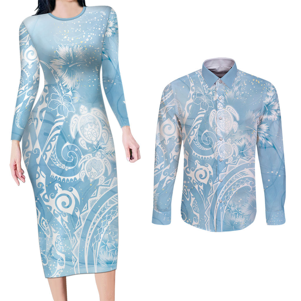 Aloha Hawaii Turtles Floral Couples Matching Long Sleeve Bodycon Dress and Long Sleeve Button Shirt Aqua Marbles Glaze