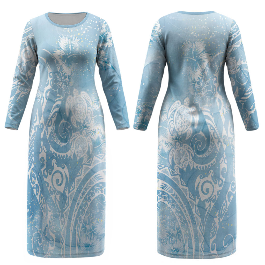 Aloha Hawaii Turtles Floral Couples Matching Long Sleeve Bodycon Dress and Long Sleeve Button Shirt Aqua Marbles Glaze LT7 - Polynesian Pride