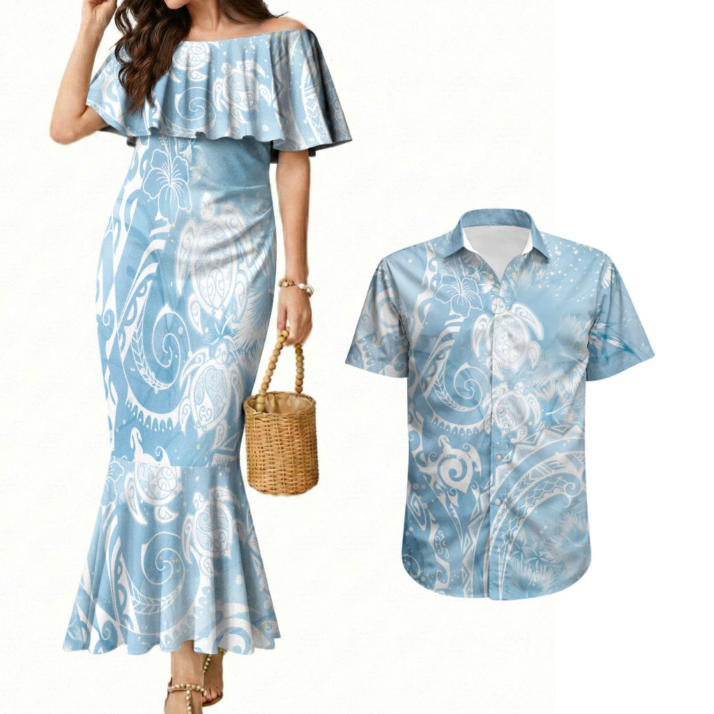 Aloha Hawaii Turtles Floral Couples Matching Mermaid Dress and Hawaiian Shirt Aqua Marbles Glaze LT7 Aqua - Polynesian Pride