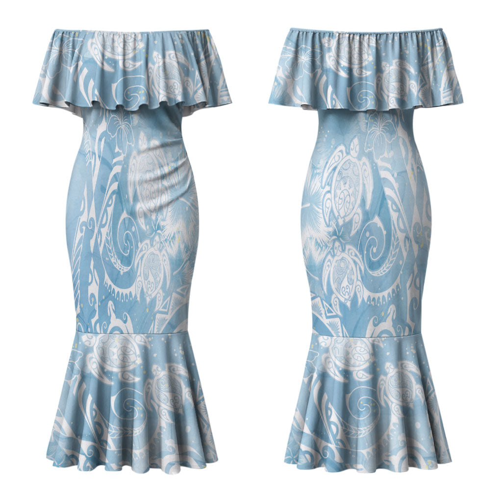 Aloha Hawaii Turtles Floral Couples Matching Mermaid Dress and Hawaiian Shirt Aqua Marbles Glaze LT7 - Polynesian Pride