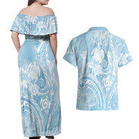 Aloha Hawaii Turtles Floral Couples Matching Off Shoulder Maxi Dress and Hawaiian Shirt Aqua Marbles Glaze