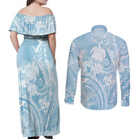 Aloha Hawaii Turtles Floral Couples Matching Off Shoulder Maxi Dress and Long Sleeve Button Shirt Aqua Marbles Glaze
