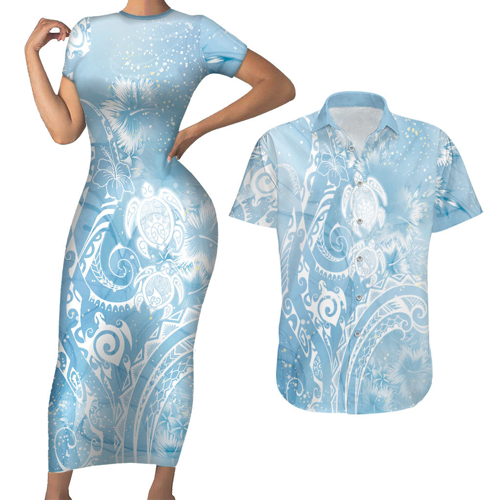 Aloha Hawaii Turtles Floral Couples Matching Short Sleeve Bodycon Dress and Hawaiian Shirt Aqua Marbles Glaze