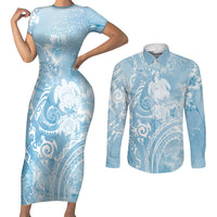 Aloha Hawaii Turtles Floral Couples Matching Short Sleeve Bodycon Dress and Long Sleeve Button Shirt Aqua Marbles Glaze