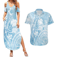 Aloha Hawaii Turtles Floral Couples Matching Summer Maxi Dress and Hawaiian Shirt Aqua Marbles Glaze