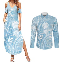 Aloha Hawaii Turtles Floral Couples Matching Summer Maxi Dress and Long Sleeve Button Shirt Aqua Marbles Glaze