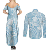 Aloha Hawaii Turtles Floral Couples Matching Summer Maxi Dress and Long Sleeve Button Shirt Aqua Marbles Glaze