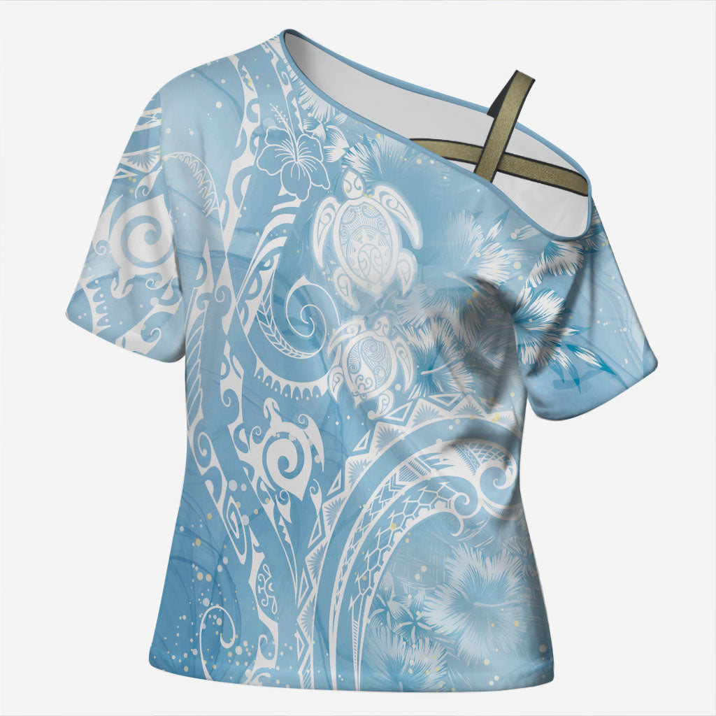 Aloha Hawaii Turtles Floral Cross Shoulder Shirt Aqua Marbles Glaze