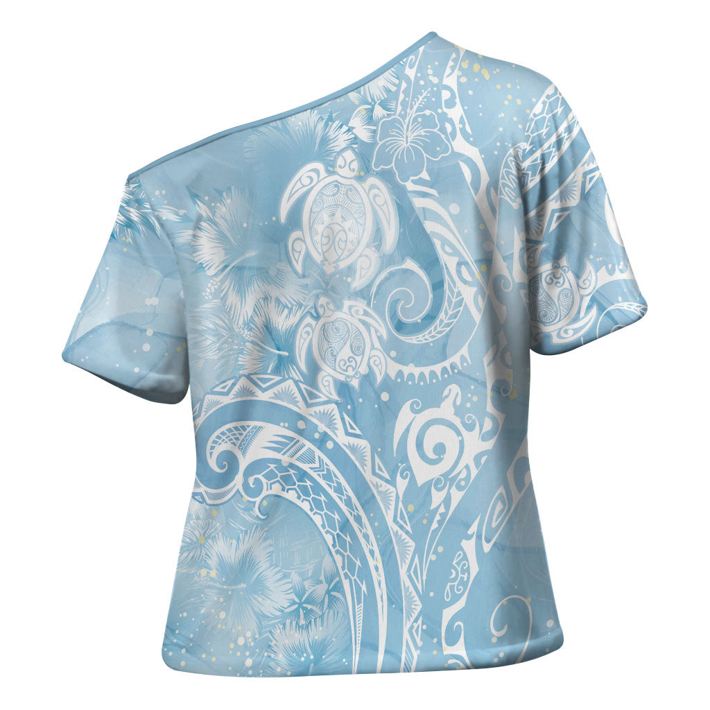 Aloha Hawaii Turtles Floral Cross Shoulder Shirt Aqua Marbles Glaze